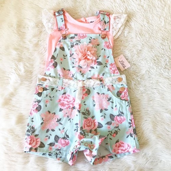 Little Lass NWT 2 Piece Floral Overall Jumper Set